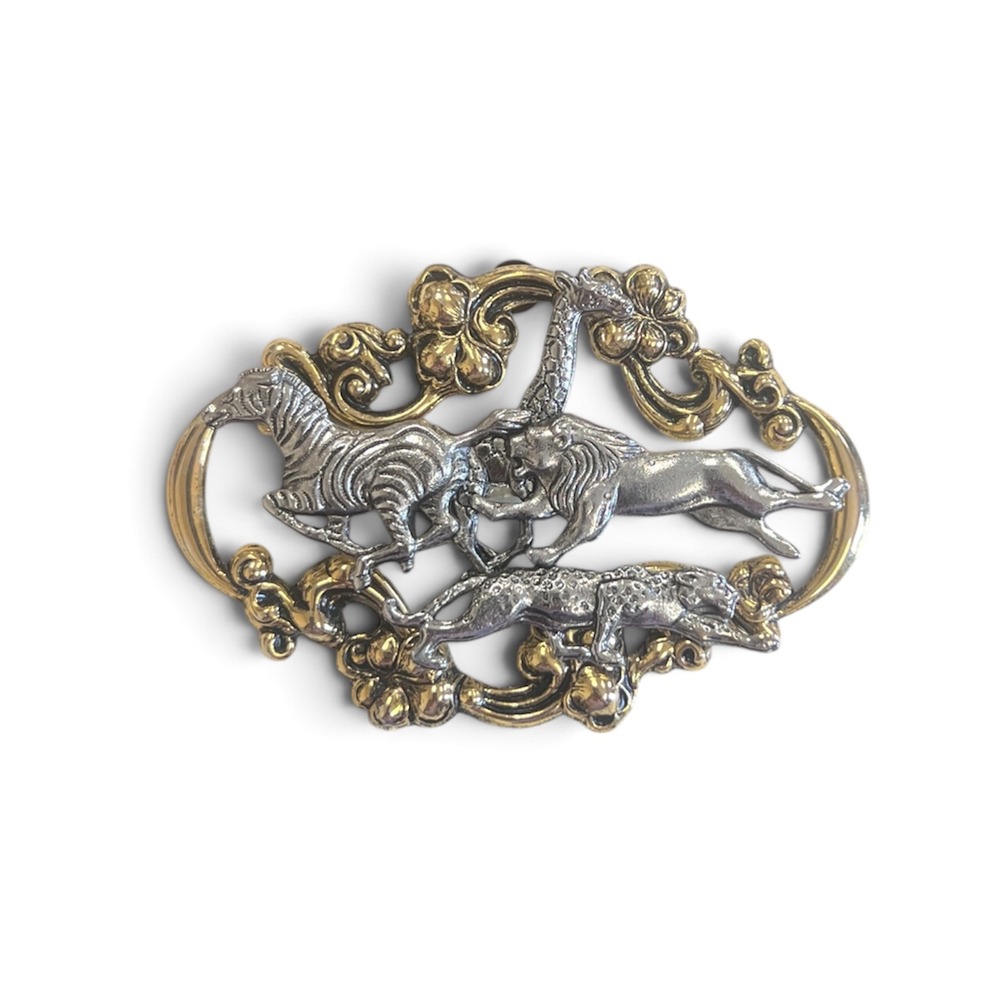 Vintage Rosemary Nelson Safari Animal Brooch Silver Gold Tone Lion Zebra Giraffe